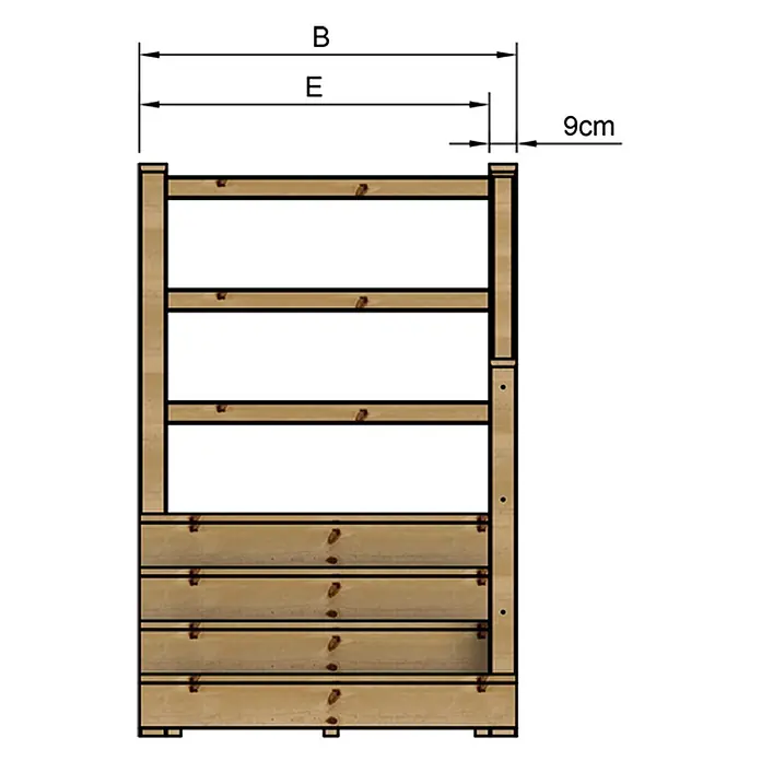 Vinuovo Außentreppe - 120 cm, Anzahl Steigungen: 4 Stk., Gerade - Holzaktenregal mit offenen Fächern, naturholzfarben. Maße B, E und 9 cm Versatz angegeben.