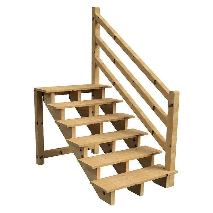 Vinuovo Außentreppe Venezia mit Geländer rechts, 6 Stufen, H105cm B120cm, ohne Setzstzufen - Anzahl Steigungen: 6 Stk., Gerade - Helle Holz-Außentreppe mit schlichtem Holzgeländer.