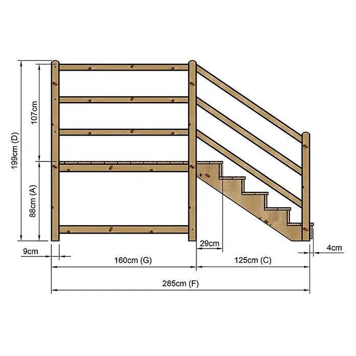 Vinuovo Außentreppe - 120 cm, Anzahl Steigungen: 5 Stk., Gerade - Holzbettgestell für Hochbett mit integrierter Treppe für einfachen Zugang zum oberen Bett.
