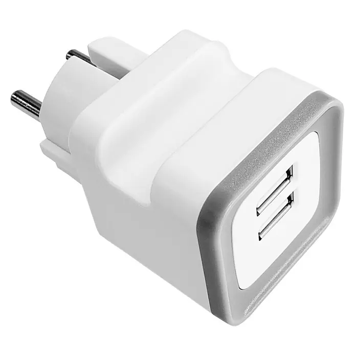 Voltomat USB-Adapter - 2 USB-Anschlüsse - Nahaufnahme eines weißen USB-Wandladegeräts mit zwei USB-Anschlüssen und einem Eurostecker.