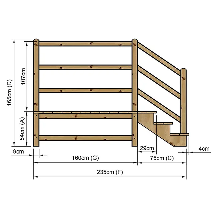 Vinuovo Außentreppe - 120 cm, Anzahl Steigungen: 3 Stk., Gerade - Holzterrassen-Geländer und Treppe mit Sicherheitsgeländer, Maße angegeben.