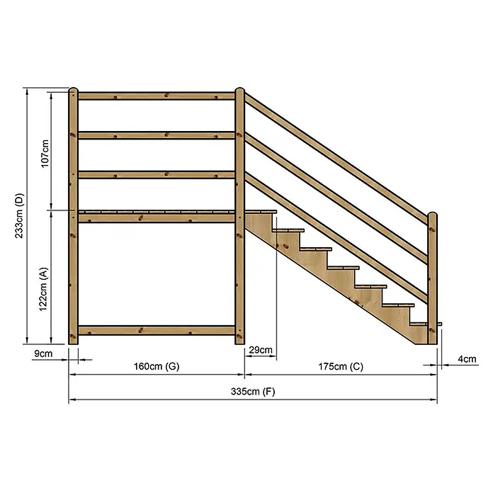 Vinuovo Außentreppe - 120 cm, Anzahl Steigungen: 7 Stk., Gerade - Technische Zeichnung eines hellbraunen Holz-Etagenbetts mit integrierter Treppe, Maße sind angegeben.