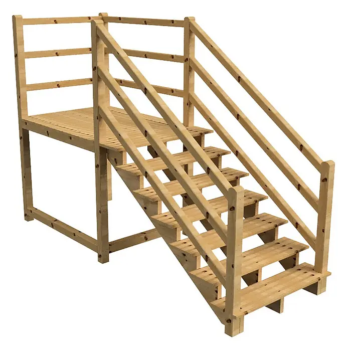 Vinuovo Außentreppe - 120 cm, Anzahl Steigungen: 7 Stk., Gerade - Helle Holz-Außenplattform mit Treppe und Geländer.