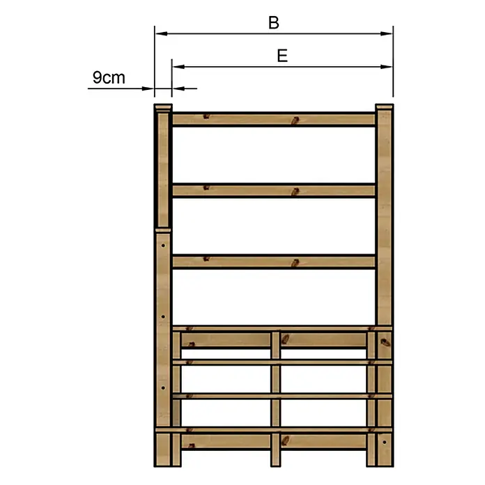 Vinuovo Außentreppe - 120 cm, Anzahl Steigungen: 4 Stk., Gerade - Seitenansicht eines Holzregals mit Maßen B, E und 9cm. Naturholzoptik.