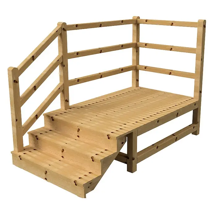 Vinuovo Außentreppe - 120 cm, Anzahl Steigungen: 3 Stk., Gerade - Modulare Holzplattform aus hellem Holz mit Treppe und dreiteiligem Sicherheitsgeländer.