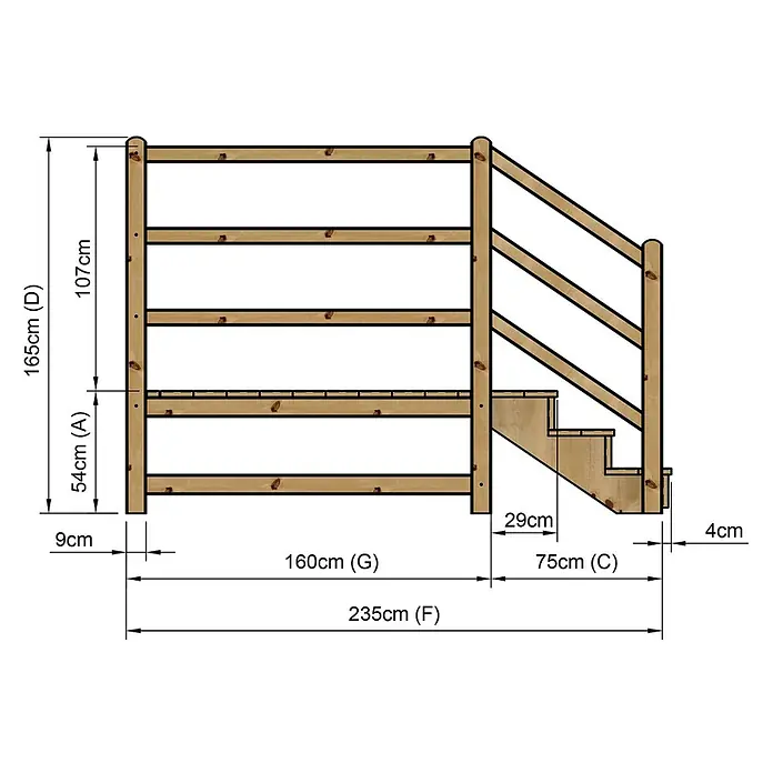 Vinuovo Außentreppe - 120 cm, Anzahl Steigungen: 3 Stk., Gerade - Hölzernes Geländersystem mit integrierter Treppe und Maßen.