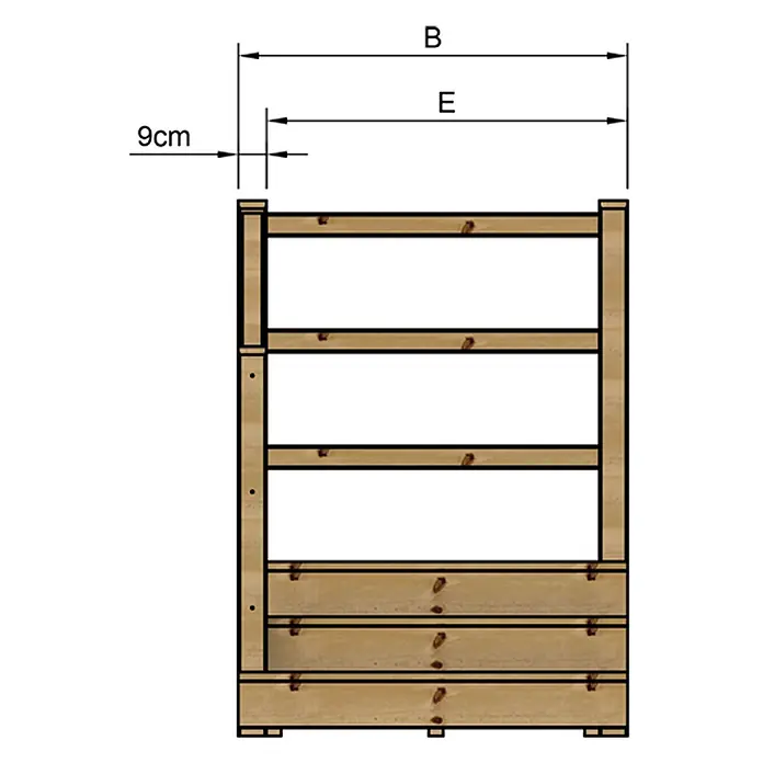 Vinuovo Außentreppe - 120 cm, Anzahl Steigungen: 3 Stk., Gerade - Helles Holzregal, technische Zeichnung, zeigt Maße B, E und 9 cm Versatz.