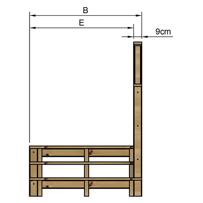 Vinuovo Außentreppe - 120 cm, Anzahl Steigungen: 3 Stk., Gerade - Seitenansicht eines Hochbeets aus Naturholz mit Lattenwänden, Maße B, E und 9cm angegeben.