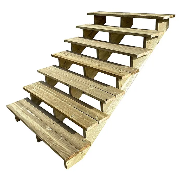 Vinuovo Außentreppe BERLIN Holz-Außentreppe - 7 Offene Stufen 122 cm Höhe - 140 cm Breite - 140 cm, Anzahl Steigungen: 7 Stk., Gerade - Holztreppe für den Außenbereich mit sechs Stufen aus hellbraunem, behandeltem Holz.