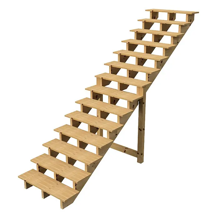 Vinuovo Außentreppe BERLIN Holztreppe - 14 Offene Stufen 241cm Höhe - 100cm Breite - Anzahl Steigungen: 4 Stk., Gerade - Helle Holztreppe für den Außenbereich mit mehreren Stufen und einem Mittelpfosten.