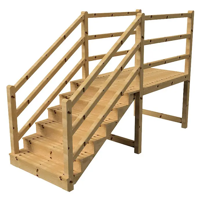 Vinuovo Außentreppe - 120 cm, Anzahl Steigungen: 6 Stk., Gerade - Helle Holztreppe mit Geländer und erhöhter Plattform. Ideal für Hochbetten oder Spielbereiche.