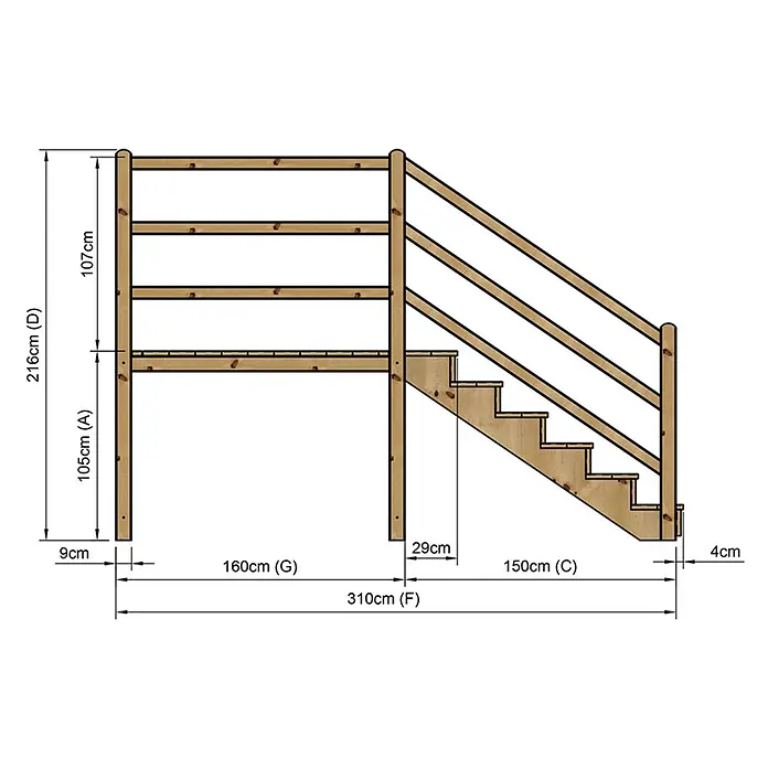 Vinuovo Außentreppe - 120 cm, Anzahl Steigungen: 6 Stk., Gerade - Holzspielgerüst mit erhöhter Plattform, Treppe und Sicherheitsgeländer, Maße dargestellt.