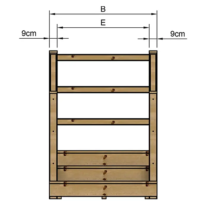 Vinuovo Außentreppe - 120 cm, Anzahl Steigungen: 3 Stk., Gerade - Vorderansicht eines Holzregals mit Maßen für Gesamtbreite (B), Innenbreite (E) und 9cm Seitenabstand.