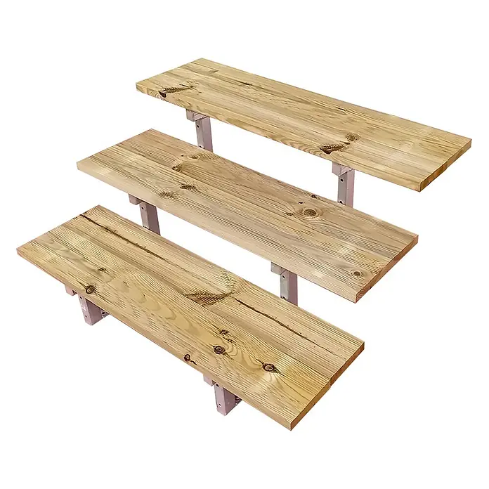 Vinuovo Außentreppe OSLO - Gartentreppe Stahl H54cm 3 Stufen Holz KDI Breite 100cm - Anzahl Steigungen: 3 Stk., Gerade - Drei gestufte Naturholzbretter, hell mit sichtbarer Maserung und Ästen, von hellen Halterungen gestützt.