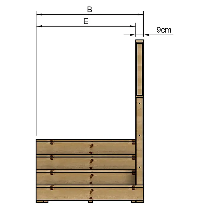 Vinuovo Außentreppe - 120 cm, Anzahl Steigungen: 4 Stk., Gerade - Hellbrauner Holz-Pflanzkasten mit Spalier, Seitenansicht mit Maßen B, E und 9cm Überstand.