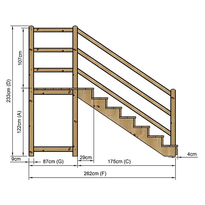 Vinuovo Außentreppe - 120 cm, Anzahl Steigungen: 7 Stk., Gerade - Helles Holz Hochbettgestell mit integrierter Treppe und oberer Schlafplattform.