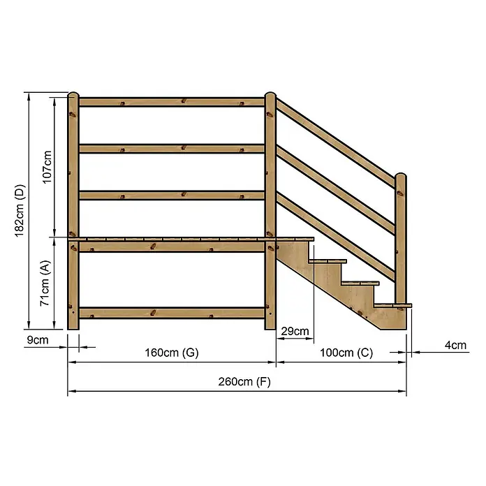 Vinuovo Außentreppe - 120 cm, Anzahl Steigungen: 4 Stk., Gerade - Technische Zeichnung einer Holzplattform mit Treppe und Geländer, inklusive Maßen.