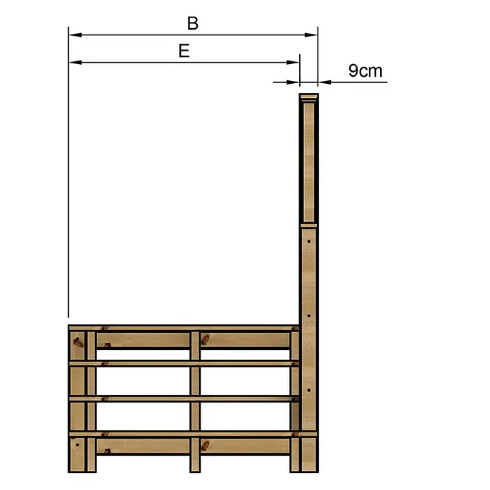 Vinuovo Außentreppe - 120 cm, Anzahl Steigungen: 4 Stk., Gerade - Helles Holzlattenrost-Bauteil mit hoher vertikaler Stütze und angezeigten Maßen.
