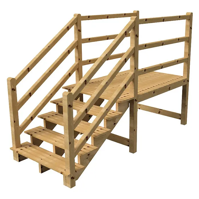 Vinuovo Außentreppe - 120 cm, Anzahl Steigungen: 5 Stk., Gerade - Modulare Treppe aus hellem Holz mit Geländer und erhöhter Plattform.