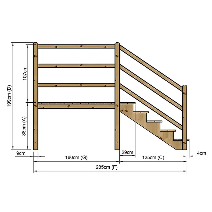 Vinuovo Außentreppe - 120 cm, Anzahl Steigungen: 5 Stk., Gerade - Holzterrasse mit Treppe und Geländer, mit Maßen zur Montage dargestellt.