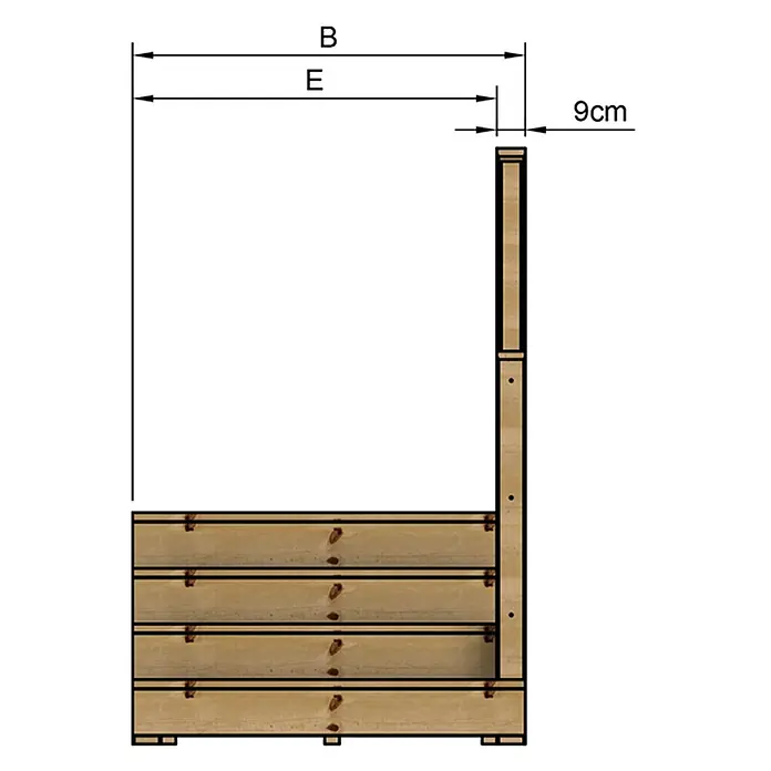 Vinuovo Außentreppe - 120 cm, Anzahl Steigungen: 4 Stk., Gerade - Seitenansicht eines Hochbeets aus Naturholz mit horizontalen Latten.