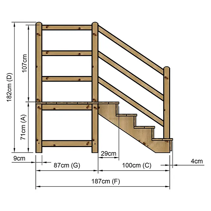 Vinuovo Außentreppe - 120 cm, Anzahl Steigungen: 4 Stk., Gerade - Hölzernes Spielgerüst mit Plattform, Treppe und Geländer, inklusive Maßen für die Konstruktion.