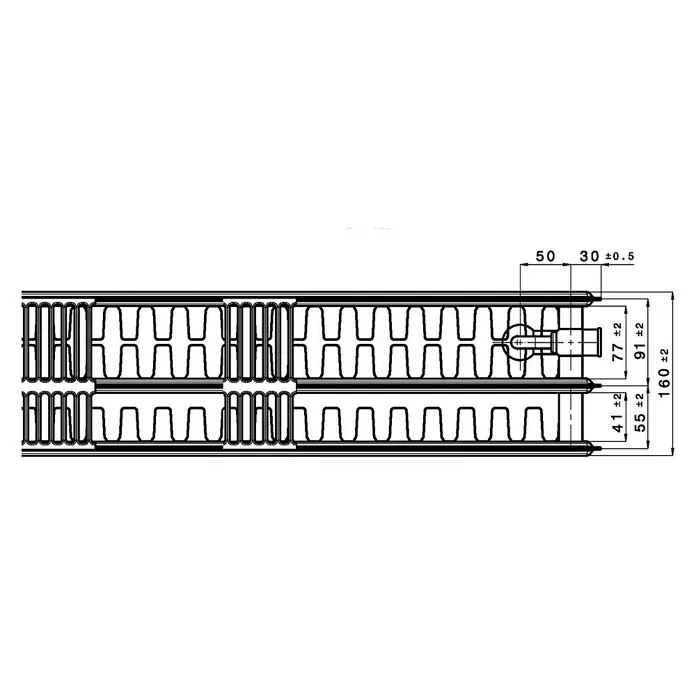 Flachheizkörper - B x H: 800 x 600 mm, Wärmeleistung bei Vorlauftemperatur von 75 °C (D: 50): 1.868 W, Typ Heizkörper: 33 - Eine detaillierte technische Zeichnung eines Heizkörpers mit verschiedenen Maßangaben.