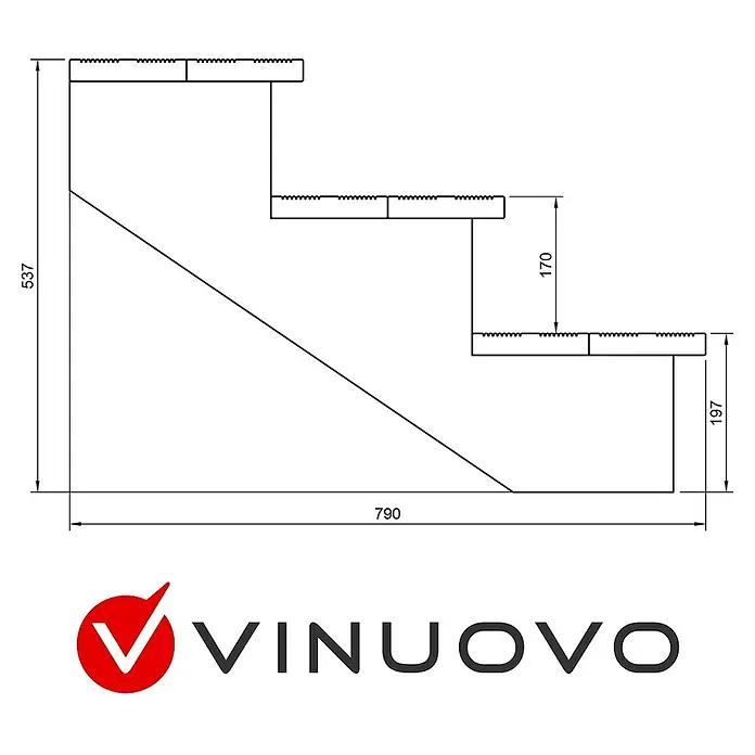 Vinuovo Außentreppe BERLIN Holztreppe - 3 Offene Stufen 54cm Höhe - 60cm Breite - Anzahl Steigungen: 3 Stk., Gerade - Technische Zeichnung einer dreistufigen Treppe mit detaillierten Maßen.