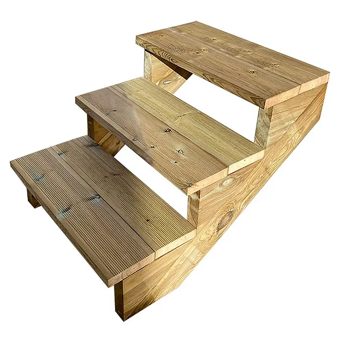 Vinuovo Außentreppe BERLIN Holztreppe - 3 Offene Stufen 54cm Höhe - 60cm Breite - Anzahl Steigungen: 3 Stk., Gerade - Dreistufige Holztreppe für den Außenbereich, aus hellbraunen Terrassendielen mit geriffelten und glatten Oberflächen.