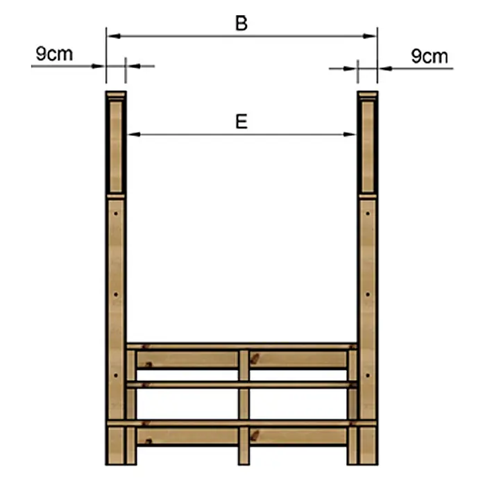 Vinuovo Außentreppe - 120 cm, Anzahl Steigungen: 3 Stk., Gerade - Holzrahmenkonstruktion, zeigt Gesamtbreite „B“ und Innenbreite „E“, mit 9 cm Verlängerungen auf jeder Seite.