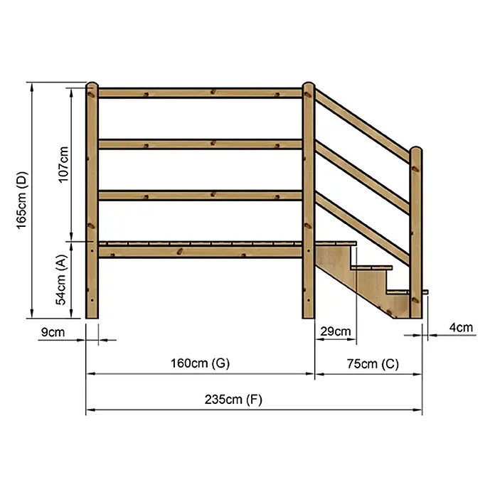 Vinuovo Außentreppe - 120 cm, Anzahl Steigungen: 3 Stk., Gerade - Geländer aus Naturholz mit horizontalen Streben und integrierter dreistufiger Holztreppe.
