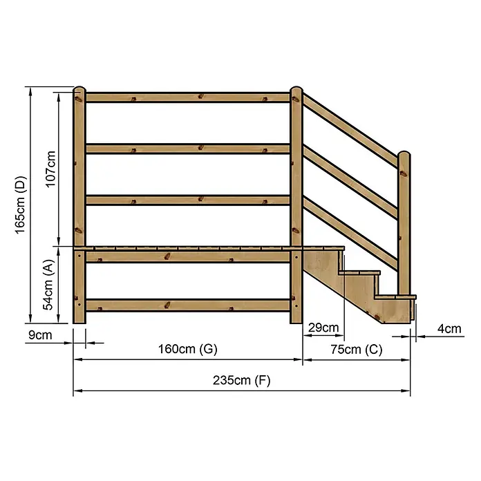 Vinuovo Außentreppe - 120 cm, Anzahl Steigungen: 3 Stk., Gerade - Schema einer Holzdeck-Reling mit integrierter Treppe, mit verschiedenen Bemaßungen.