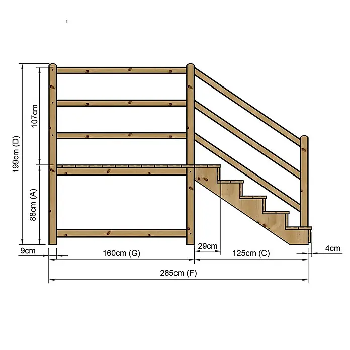 Vinuovo Außentreppe - 120 cm, Anzahl Steigungen: 5 Stk., Gerade - Holzbettgestell oder Spielhaus-Schema mit erhöhter Plattform, Geländer und Treppe, Maße angegeben.