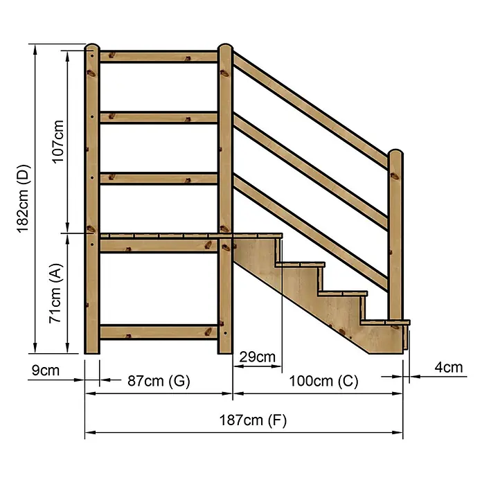 Vinuovo Außentreppe - 120 cm, Anzahl Steigungen: 4 Stk., Gerade - Holztreppe mit integrierter Plattform und Schutzgeländer, detailliert bemaßt.