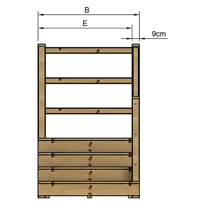 Vinuovo Außentreppe - 120 cm, Anzahl Steigungen: 4 Stk., Gerade - Helles, mehrstöckiges Holzregal mit offenen Fächern und Sockelbereich, Maße B, E und 9cm sind eingezeichnet.