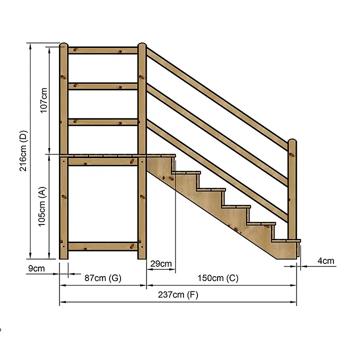 Vinuovo Außentreppe - 120 cm, Anzahl Steigungen: 6 Stk., Gerade - Holztreppe mit Geländer und Maßen für den Bau.