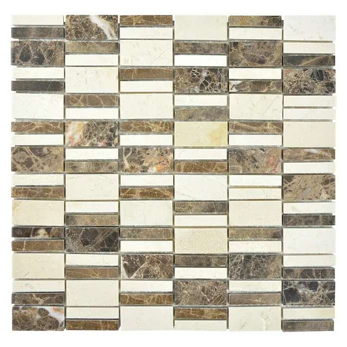 Mosaikfliese Rechteck XNM BC439 - 30 x 30 cm, Beige/Braun, Glänzend - Quadratisches Mosaikmuster mit abwechselnden Marmor- und Cremefarbenen rechteckigen Fliesen für ein elegantes Design.