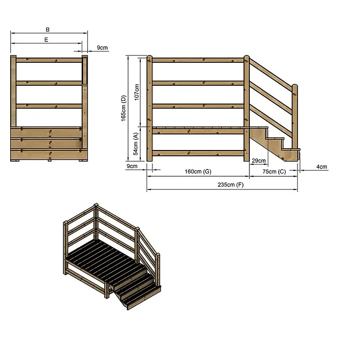 Vinuovo Außentreppe - 120 cm, Anzahl Steigungen: 3 Stk., Gerade - Hölzerne Spielplattform mit Treppe und Geländer, detaillierte Maße sichtbar.
