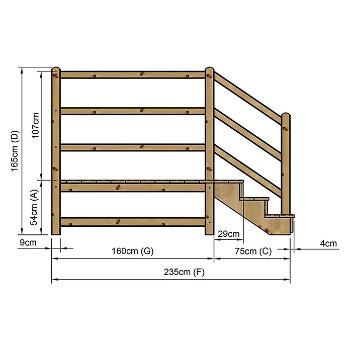 Vinuovo Außentreppe - 120 cm, Anzahl Steigungen: 3 Stk., Gerade - Holzgeländer und Treppendiagramm mit Maßen.