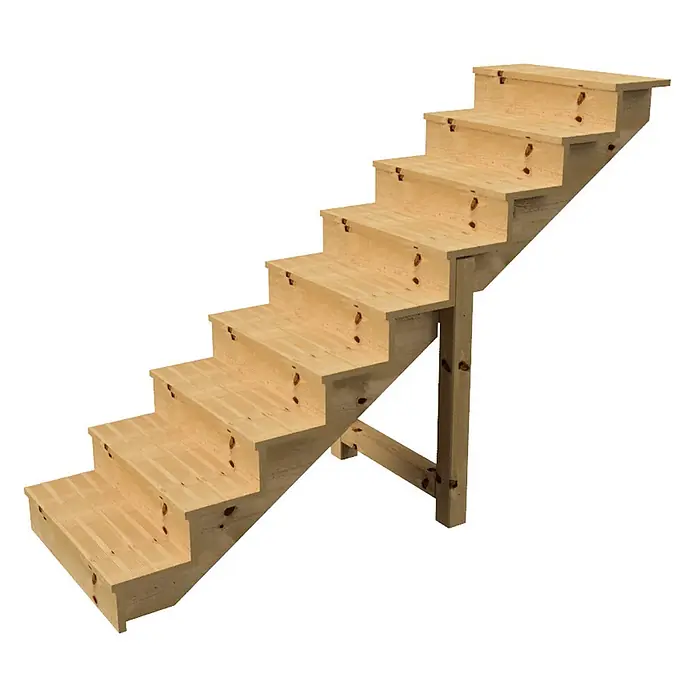 Vinuovo Außentreppe BERLIN Holztreppe - 9 Geschlossene Stufen 156cm Höhe - 80cm Breite - Anzahl Steigungen: 9 Stk., Gerade - Modulare Holztreppe mit sieben Stufen, heller Naturholzoptik und sichtbaren Ästen, gestützt durch einen Rahmen.