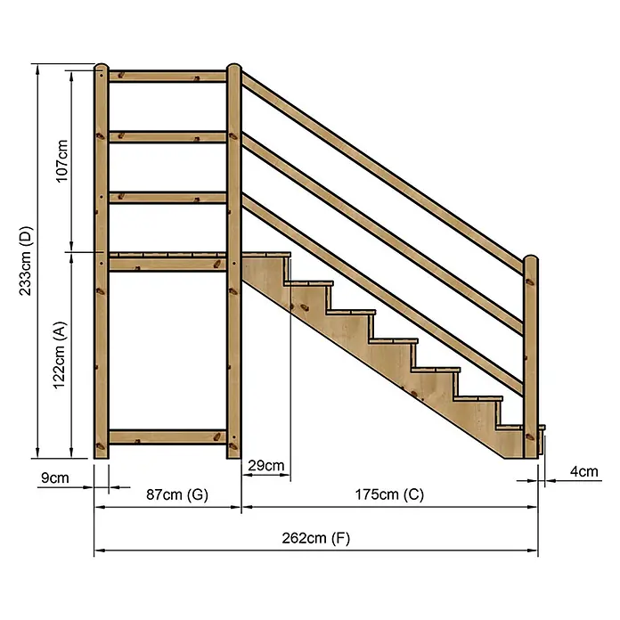 Vinuovo Außentreppe - 120 cm, Anzahl Steigungen: 7 Stk., Gerade - Detailliertes Diagramm einer Holztreppe mit Geländer und Stützpfosten, inklusive Maße.