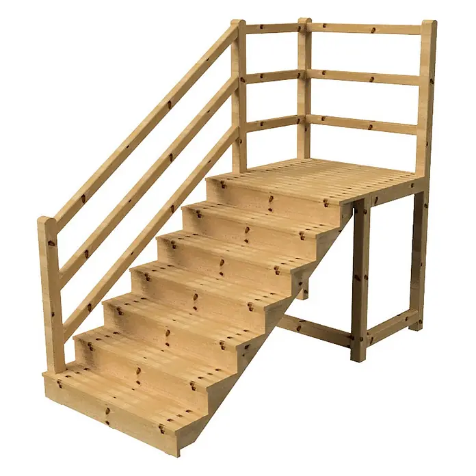 Vinuovo Außentreppe - 120 cm, Anzahl Steigungen: 7 Stk., Gerade - Helle Holztreppe mit Podest und Geländer für erhöhten Zugang.
