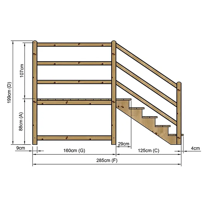 Vinuovo Außentreppe - 120 cm, Anzahl Steigungen: 5 Stk., Gerade - Technisches Diagramm einer erhöhten Holzplattform mit Treppe und Geländer, inklusive Bemaßungen für den Bau.