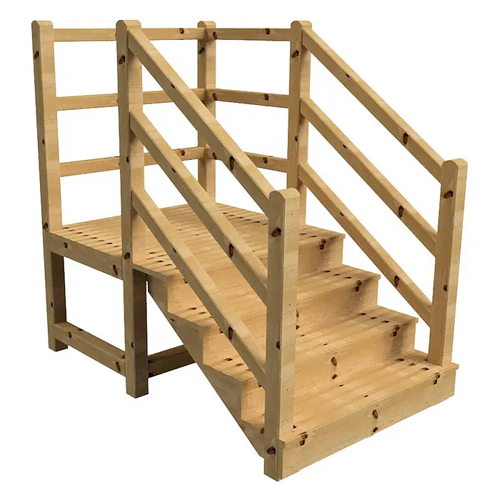 Vinuovo Außentreppe - 120 cm, Anzahl Steigungen: 4 Stk., Gerade - Unbehandeltes Holzpodest mit Plattform, Treppe und Sicherheitsgeländern.