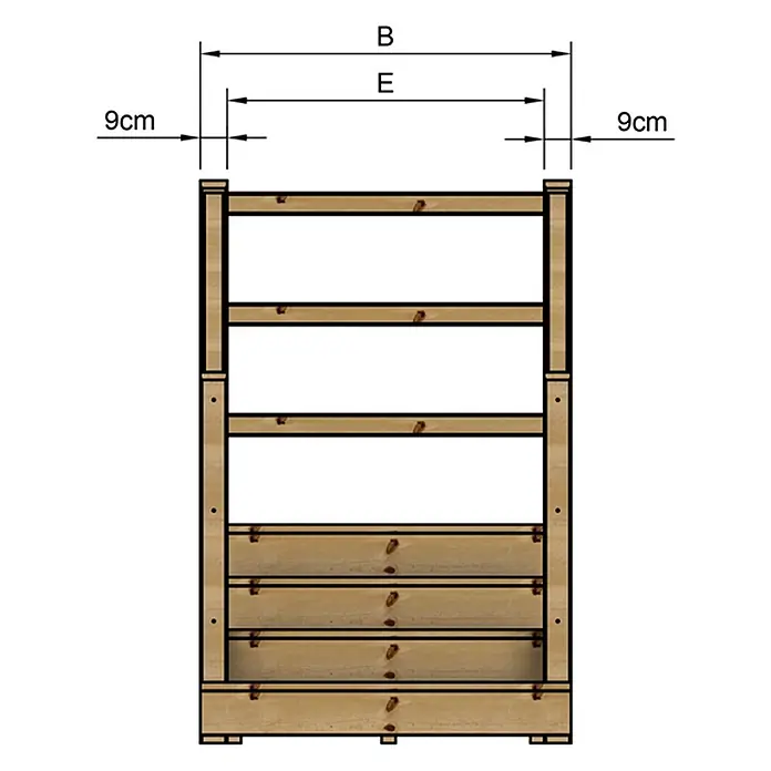 Vinuovo Außentreppe - 120 cm, Anzahl Steigungen: 4 Stk., Gerade - Hölzernes Regal, Vorderansicht, mit Gesamtbreite 'B', Innenbreite 'E' und 9cm Seitenabständen.
