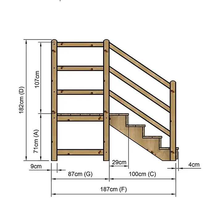 Vinuovo Außentreppe - 120 cm, Anzahl Steigungen: 4 Stk., Gerade - Holztreppe mit Geländer, Sicherheitsgitter und Bemaßungen.