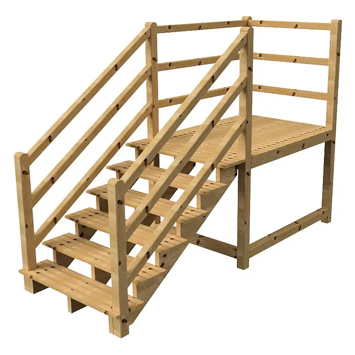 Vinuovo Außentreppe - 120 cm, Anzahl Steigungen: 6 Stk., Gerade - Helle Holztreppe mit Podest und Sicherheitsgeländer, geeignet für eine erhöhte Plattform oder Spielstruktur.