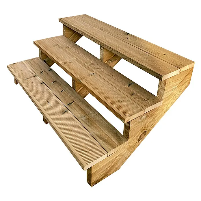 Vinuovo Außentreppe BERLIN Holztreppe - 3 Offene Stufen 54cm Höhe - 120cm Breite - Anzahl Steigungen: 3 Stk., Gerade - Dreistufige Holztreppe für den Außenbereich mit hellbraunen, geriffelten Dielenstufen.