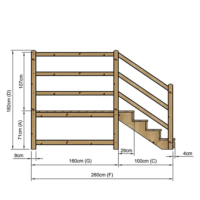 Vinuovo Außentreppe - 120 cm, Anzahl Steigungen: 4 Stk., Gerade - Hölzernes Etagenbettgestell mit integrierter Treppe und Sicherheitsgeländern, bemaßt.