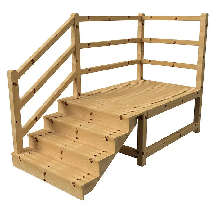 Vinuovo Außentreppe - 120 cm, Anzahl Steigungen: 4 Stk., Gerade - Erhöhte Holzterrasse mit Treppe und Geländer, aus hellem Naturholz.